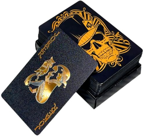 YAZWUR Carte da Gioco Impermeabili in Plastica, 1 Mazzo di Poker Professionali, Diamant Black Skull Poker per Blackjack, Canasta, Bridge, Giochi di Carte da Adulti e Viaggio (Nero e Oro)