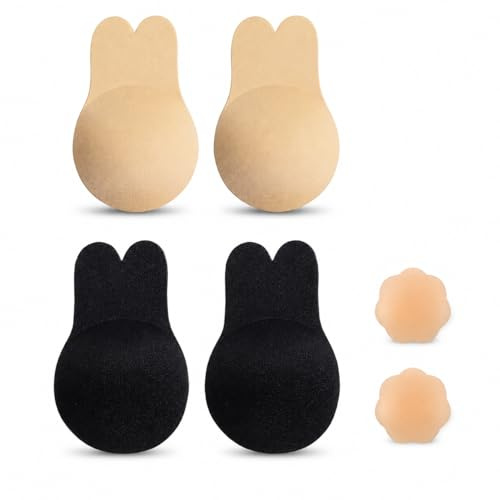 QM Copricapezzoli Lift Seno in Silicone, Reggiseno Invisibile Push-Up con Nastro Adesivo, Effetto Sollevante Naturale per Abiti Scollati e Senza Spalline, 2 Paia Pelle+Nero