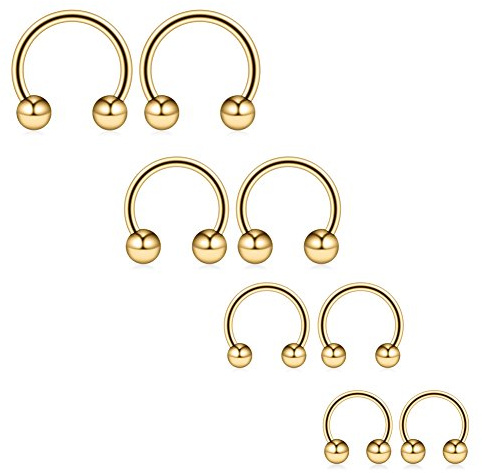 Ruifan 4prs(8pcs) 20G 16G 14G 12G Surgical Steel Nose Septum Horseshoe Earring Eyebrow Tongue Lip Nipple Helix Tragus Piercing Rings 8mm,10mm,12mm,14mm - Gold