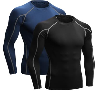 Niksa 2 Pack Long Sleeve Running Tops Mens,Base Layers Compression Top T-Shirts,Quick Dry Wicking Gym Athletic Training Workout Tee Shirts(Black&Navy Blue,L)