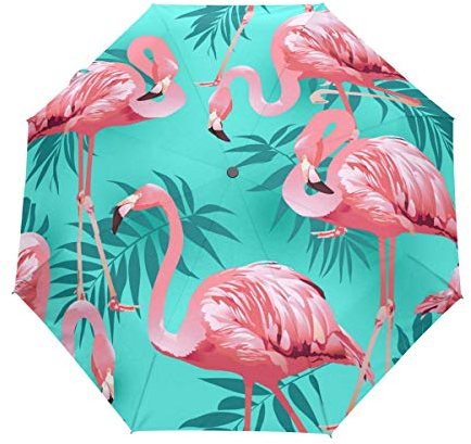 Jeansame Regenschirm mit tropischen Flamingo-Palmenblättern, Vögeln, Sommer, faltbar, kompakt, für Damen, Herren, Jungen, Mädchen