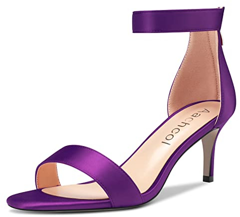 Aachcol Mujer Aguja Medio Heel Sandalias Correa Tobillo Abierta Punta Dress Zapatos Fiesta de Boda Satín Morado 6.5 CM 40 EU