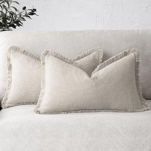 Foindtower Set of 2 Decorative Lumbar Pillow Covers, Linen Fringe Boho Throw Pillow Covers with Tassels, Cosy Pillow Covers for Sofa, Couch, Bed, Living Room, Home Decor, 28 x 48 cm, Natural Beige