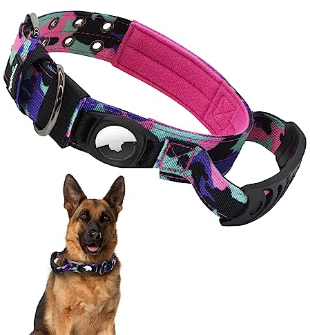 Furry Friends Airtag Hundehalsband, Taktisches Gepolstert Nylon Halsband Hund mit Griff, Verstellbare Metallschnalle GPS Hundehalsbänder für Mittlere Große Hunde(L, Grüne Tarnung)