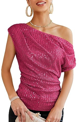 GRACE KARIN - Top Donna Elegante con Paillettes per Festa, Top Avvolgente con Ruches e Glitter, Blusa Scintillante, Rosso rosato, S