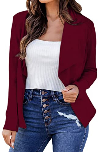 L9WEI Chaqueta blazer de manga larga elegante para mujer, color liso, con solapa, ajustada, para negocios, blazer de otoño, burdeos, XL
