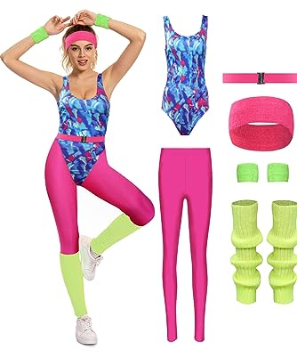 MASSWO Aerobic-Kostüm für Damen, 80er-Jahre-Trainingsanzug, 90er-Jahre-Zubehör-Set, Retro-Jogginganzug, Hüfttasche, Fitnessstudio, Yoga, Laufen, Pink, S