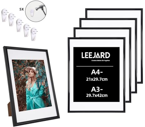 LEEJARD A4 Bilderrahmen 5er Set, Kunststoff Fotorahmen mit sicherem Acrylic-glas für Wandmontage oder Tischplatte Display, Multipel Dekorahmen Farben für Portrait