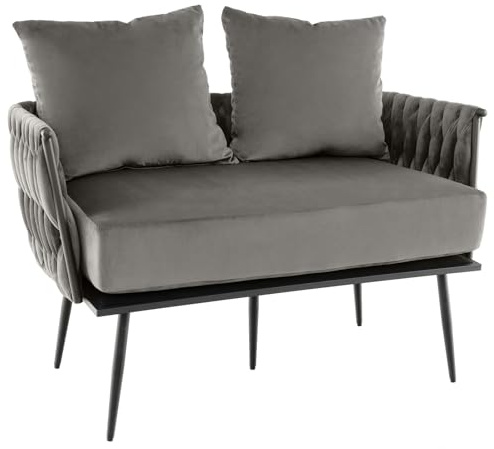 COSTWAY 2-Seater Sofa, Velvet Upholstered Loveseat Sofa Couch with Woven Back & Arms, 2 Pillows and Padded Seat Cushion, 5 Metal Legs Modern Double Lounge Sofa Chair for Living Room Reception (Grey)