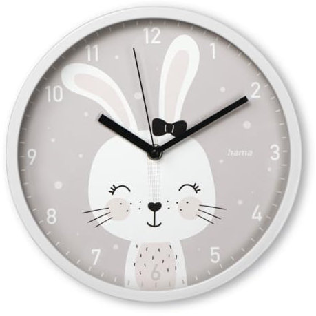 Hama Kinder Wanduhr (ohne Tickgeräusche, analoge Quarzuhr geräuscharm, Ø 25cm, Kindermotiv, für Kinderzimmer, Design Hase, mit Stunden-, Minuten- und Sekundenzeiger, inkl. Batterie)