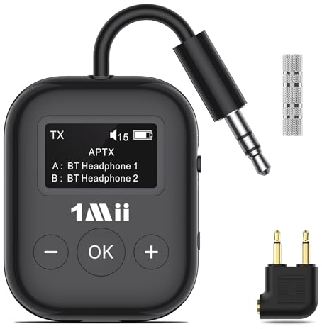 SafeFly Min Adaptateur Avion Bluetooth 5.3, Supporte 2 Casques san Fil, Émetteur Bluetooth pour TV avec aptX Faible Latence, 3.5mm Jack AUX, Transmetteur Audio pour Voyage en Vol, TV, Gym