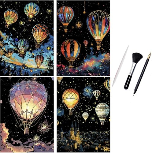 ShipeeKin Lot de 4 Carte a Gratter A4 290 x 210 mm Carte à Gratter -Image murale brille dans le noir- Papier à gratter coloré Avec kit d'outils (Montgolfière)