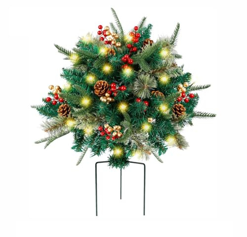 VEAREAR Prelit Holiday Planter Filler, Lighted Christmas Pot Fillers Outdoor with Tripod Stake, Artificial Christmas Tree Urn Filler, Christmas Planter Decorations, Green (1 Pc)