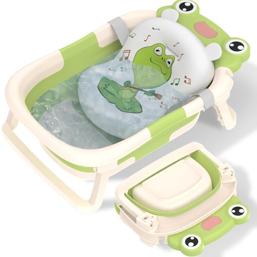 Baby Bath Tub Foldable,Bathtub Essentials for Newborn with Collapsible Bath Support and Non Slip Bath Seat Cushion Stand Pad,Folding Infant Baths Tub to Toddler 0-6-12 Months Portable Travel (Green)