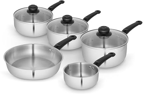Swan Townhouse 5 Piece Stainless Steel Cookware Set with 16/18/20cm saucepans with Glass Lids, 14cm Milk Pan, 24cm Frying Pan, Suitable for All Hob Types