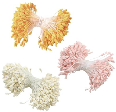 1050 Pièces Tiges de Fleurs Artificielles avec Étamines en Cure Pipes Étamines Artificielles à Double Perles, Pistils Mats en Jaune, Blanc et Rose Idéal pour la Création de Fleurs Artificielles