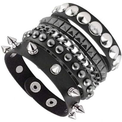 Funngy Braccialetti in Pelle Punk,3 PCS Braccialetto in Pelle Nera Punk Rock con Borchie Stile Gotico Anni '80 Accessorio Vintage Regolabile per Uomo e Donna Ideale per Cosplay e Concerti