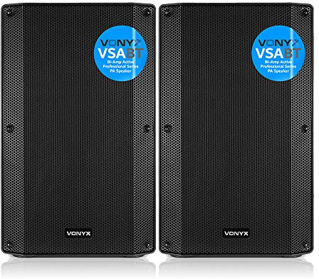 VONYX VSA15BT Active DJ Speaker Set – 2x 15-Inch 2000W Bluetooth PA Speakers with USB, Remote Control, Mic & Guitar Inputs, Stage and Event Sound System
