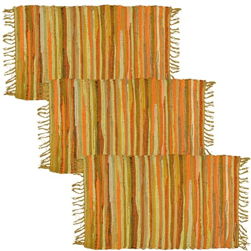 MARRAKESCH - Set di 3 tappeti, tessuto a mano, in cotone, misura piccola, 50 x 90 cm, motivo a strisce boho in cotone con frange, per soggiorno, cucina, corridoio