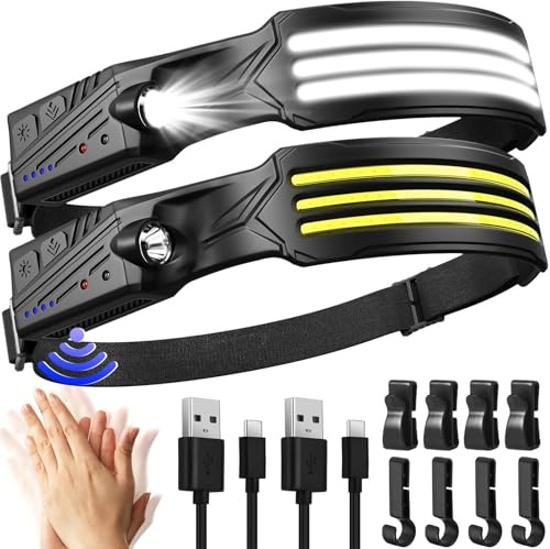 MLIAIMCE Linterna Frontal,2 Piezas Super Brillante 3000 Lúmenes Frontal Led Recargable 3*LED con Sensor de Movimiento 230 °Ángulo,IPX5 Impermeable 0.14lb Ligera Linterna de Cabeza Para Correr Camping