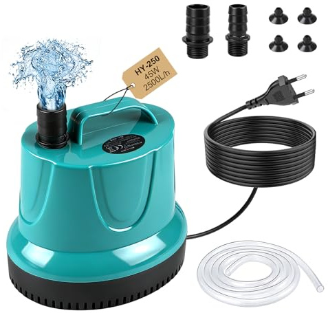 EXLECO Bomba de Agua Sumergible 45W 2500L/H, Mini Water Pump, Bombas de Achique para Aguas Sucias, Acuario, Estanque Jardín – Verde
