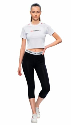 SUPERGA Leggings Donna Cotone - Leggings Lungo E Corto - Fitness Yoga Palestra Abbigliamento Sportivo (IT, Testo, L, Regular, Regular, Corto Nero)