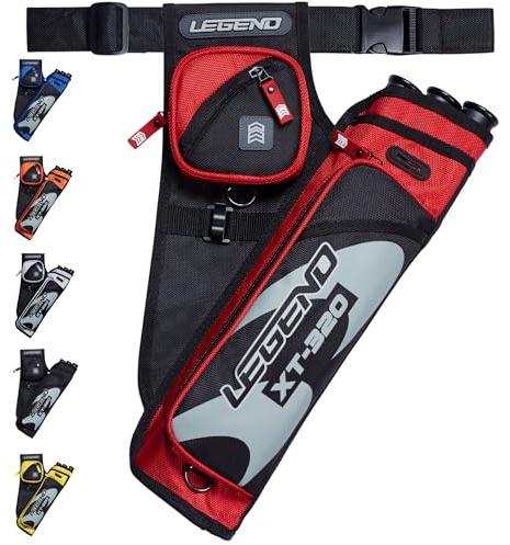 Legend XT320 Archery Quivers - Left Handed Nylon Hip Quivers with 3 Arrow Tube Cases for Target Shooting - Adjustable Waist Belt, T-Slot, Compartments for Accessories, Tools, Release Tab - Red