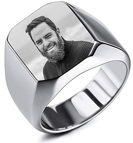 INBLUE Personalizzato Foto Anello con Sigillo Incisione No Incisione per Uomini Donne Acciaio Inossidabile Bundle con Regolatori della Dimensione Dell'anello (Argento Colore)