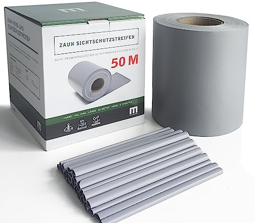MERCEO Stabmattenzaun-Sichtschutzstreifen, PVC-Folie in Grau/Fenstergrau, 19 cm hoch, 50 m lang, inkl. 40 Befestigungsclips, Zubehör zur Verkleidung von Doppelstabmattenzäunen und Einzelstabmattenzäun