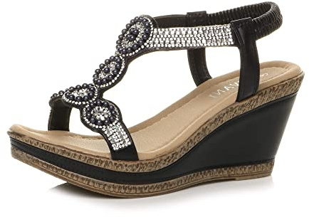 AJVANI Kvinnor damer hög kilklack plattformsspänne sommar peeptoe sandaler storlek, Svart diamant, 37 EU