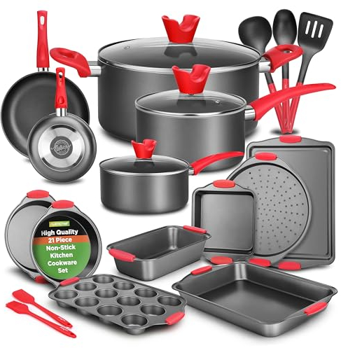 NutriChef Set 21 Pezzi di Pentole e Padelle Antiaderenti, Include Casseruole, Padelle, Teglie Forno Rotonde e Quadrate, Stampo per Muffin e Pane, Teglia per Pizza e Utensili in Silicone