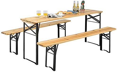 COSTWAY Ensemble Table Pliante et Bancs de Pique-Nique 180CM, Set de Table et Chaises en Bois pour Camping avec Tubes d'acier Pulvérisé Résistant aux Intempéries, pour Terrasse Jardin