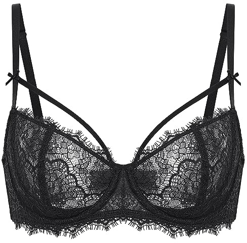 DOBREVA Dam sexiga spetsar push up bh balconette genomskinliga stora bröst bh ofodrad med bygel, svart, 75A