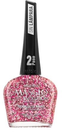 MASGLO GEL EVOLUTION Topcoat Nail Polish Gel Effect, Fast drying. No UV/Led Lamp Required, Duration up to 12 day, 1 peice ClearTopcoat with colored sparkling particles (BRILLO ROSA)