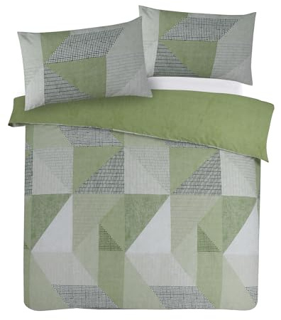 Charlotte Andersen Matrix Geometric Green Grey Single Duvet Cover Set Reversible Easy Care Cotton Blended Bedding (Green, Single)