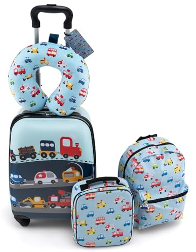 COSTWAY 5 Pezzi Valigia per Bambini, Valigia con ManicoTelescopico da 16 con 13 Zainetto, Cuscino per Il Collo, Etichetta per Bagaglio, Borsa per Il Pranzo, con Ruote Girevoli a 360 ° (Modello 3)