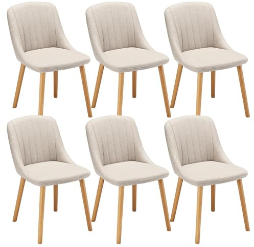 Goeurvant Lot de 6 Chaise Beige Salle a Manger Pieds Bois Chaises de Salon Chaises de Cuisine en Polyester avec Dossier pour Salon