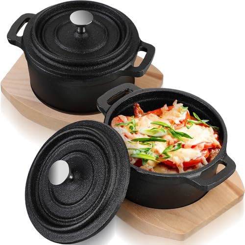 Suttmin 2 Sets Dutch Oven Pot with Lid and Wooden Base Pre Seasoned Cast Iron Casserole Mini Cast Iron Pot Round Cocotte with Handle Heavy Duty Casserole Dish for Grill Oven, Black (20 oz)