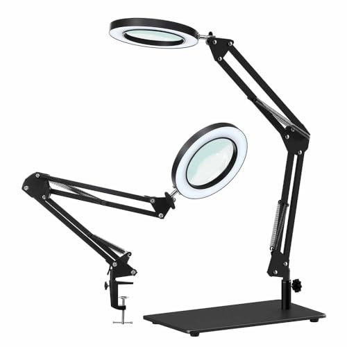 NEWFUN Lente d'ingrandimento con luce, 10 x lampada con lente d'ingrandimento, tavolo ingrandito, 3 modalità di colore regolabili, lente d'ingrandimento con clip in metallo