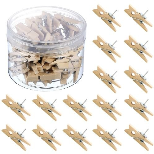 50 Piezas Pinzas de Madera, Chinchetas con Clips de Madera, Clips Chinchetas Tachuelas, Pinzas de Madera con Pasadores, para Tableros Corcho, Pared Exhibición de Fotos (Color Madera)