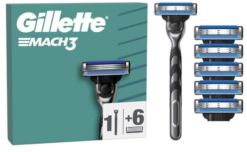 Gillette Mach3 Regolabarba Uomo, Lame Rasoio a Mano Libera, 1 Manico e 6 Lamette da Barba da 3 Lame, Facile Risciacquo, con Gel Lubrificante, Fino a 15 Rasature con 1 Testina, Gillette Mach 3