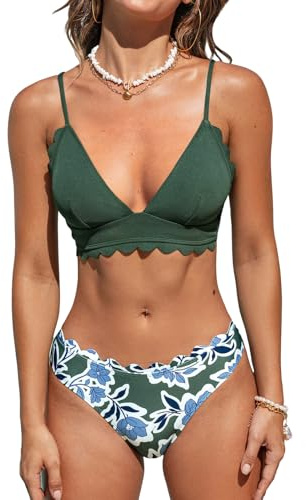 CUPSHE Ensemble bikini pour femme, soutien-gorge avec décolleté plongeant en V festonné et lacets, maillot de bain deux pièces taille basse, L