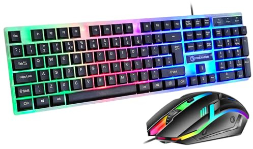 JUSTOP USB Wired Keyboard and Mouse Set, Luminous LED Lights, Full Size Slim Keyboard, LED Gaming Mouse, Game or Business, UK Layout, For PC, Laptop, Windows And Mac, PS4, PS5, Xbox One etc