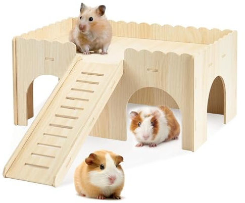 Wooden Guinea Pig House, Guinea Pig Hideout with Cave Stairs, Detachable Hamster Castle with 4 Entrances for Rat Hamster Hedgehog Hiding and Playing(38 * 25 * 18.5cm)