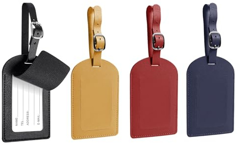 4 Pcs Luggage Tags, Leather Luggage Labes, Suitcase Tags for Luggage with Adjustable Strap Privacy Protection Cover for Preventing Loss Waterproof