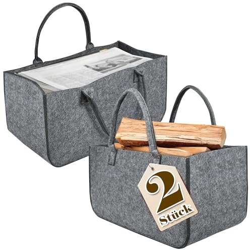 Suusolny Lot de 2 grands paniers en feutre avec poignée - Sac en feutre pliable pour bois de cheminée - Sac en feutre avec anse - Panier à journaux - Panier à bois de cheminée pour vêtements, jouets