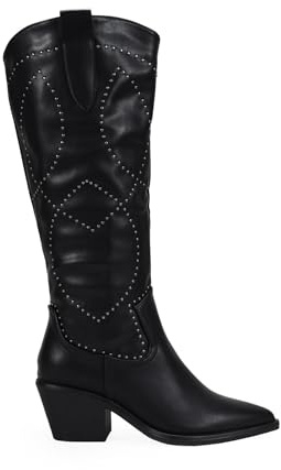 BOSANOVA Botas Camperas para Mujer Estilo Cowboy con Detalle de Costuras a con tachas metálicas y tacón en Bloque. Cierre con Cremallera. Calzado para Mujer