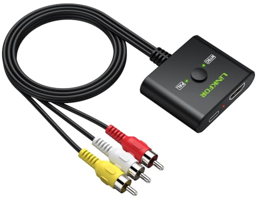 LiNKFOR HDMI till AV-omvandlare HDMI hona till RCA-adapter 1080P | Stöder NTSC/PAL med inbyggd 60 cm RCA-kabel för Fire Stick, Roku, Chromecast och gamla TV-apparater