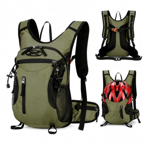 Qnbonrich cykelryggsäck män 15 l vattentät, MTB-ryggsäck med hjälmnät, Grön, Basic, 15 l, vattenavvisande, 500 g lätt, hjälmnät, drickbubbelfack, bröst- och höftbälte för cykling, vandring, MTB