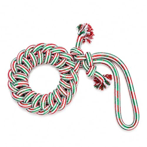 Christmas Dog Rope Toy, 43cm, Cotton, Tug Ring with Handle, Elf Candy Cane Design, Teeth Cleaning, for Small & Medium Dogs Festive